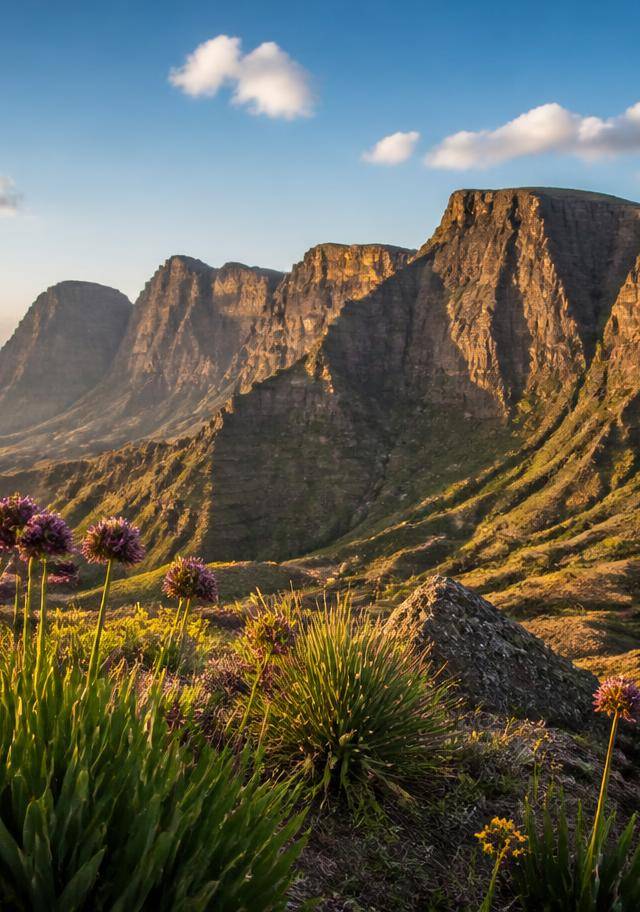 Golden light on the Simien Mountains escarpment in Ethiopia during the clear dry season