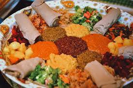 Traditional Ethiopian injera with doro wat