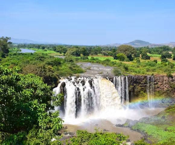 Blue Nile Falls (Tis Abay) near Bahir Dar, Ethiopia, cascading from Lake Tana amid lush green highlands.